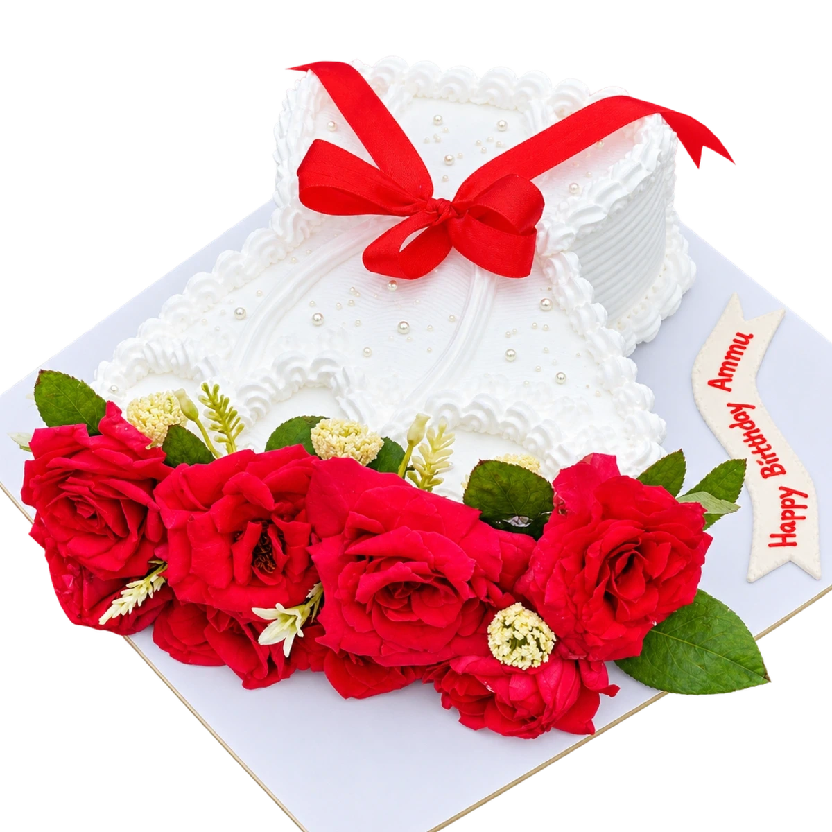 Elegant White Gown & Red Roses Customized Birthday Cake